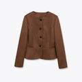 Women's dark brown faux suede jacket with round neck and single-breasted buttons - XS / Brown