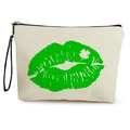 Beige canvas make-uptasje met groene lippen klaverprint en zwarte polsband - 17x25cm (Fijne Linnen) met Band / Groene Lippen Print (Off-white)