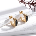 French vintage gold C-shape earrings with black enamel inlay and zircon accents - ER-701 Gold Oval Black Onyx C-Shaped Studs