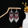 Bohemian silver dreamcatcher earrings with vibrant red beads and feather charms - Silver + Red Bead + Dreamcatcher Feather (E5812-1/Red)