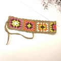 Retro handmade crochet headband with colorful floral grandma square pattern and ties - Rainbow Khaki