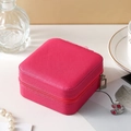 Mini rose red square PU leather jewelry travel case with cross grain texture and zipper - Small Square Box Rose Red