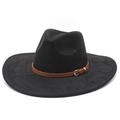 Cappello fedora nero a tesa larga in camoscio con cinturino in ecopelle marrone e fibbia - M(56-59CM) / Nero