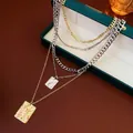 Layered gold and silver necklace set with square hammered pendants and mixed metal chains - 7# Necklace-Layered (5-Piece Set)