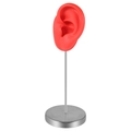 Red silicone ear display model with a polished silver metal stand for jewelry exhibition - Left Ear / Red
