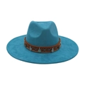 Chapeau fedora bleu paon à large bord avec ruban ethnique tressé et pièces métal - Taille unique / Vert malachite