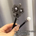 Barrette à cheveux fleur avec strass gris et perles pour chignons élégants, 30cm - Chignon Fleur Perle Strass Noir