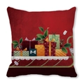 Close-up of red Christmas pillowcase with sleigh and gift box patterns on linen texture - 45x45cm / Red Sleigh and Gifts Pattern Style (24)