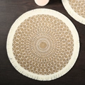 Round jute placemat with beige fringe and geometric pattern on dark wood - 38cm / Fringed Kaleidoscope