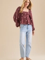 Burgundy square neck blouse with pink flower embroidery and bubble sleeves set - S / Burgundy