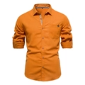 Detailed close-up of khaki cotton shirt collar with M size tag and firm texture fabric - 2XL / Orange