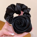 Elegant black satin hair scrunchie with large handcrafted rose floral decoration - Black