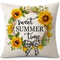 Linen sunflower pillow cover with sweet SUMMER time print and checkered bow - 45x45cm Pillow Cover / Sweet Summer Time Sunflower-2 (24ym1110-2)