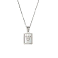 Silver letter W pendant necklace with white mother of pearl inlay on rectangular charm - Letter W