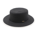 Dettaglio di un cappello boater nero con placca dorata e rifinitura bianca sulla tesa - M (56-58cm) / Nero