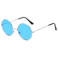 Retro round sunglasses featuring silver metal frames and vibrant light blue lenses - Silver Frame Blue Lens