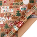 Brown kraft Christmas wrapping paper with festive patterns of Santa, reindeer and snowflakes - Fireplace Sweet Dream