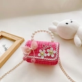 Pink tweed girls mini handbag with pearl handle, tulle bow, and gold chain strap - Rose Red with Camellia Bow
