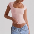 T-shirt de yoga rose ajusté pour femmes avec un col carré élégant et manches courtes - Rose Sakura