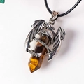Gothic tiger eye crystal dragon pendant necklace with silver metal wings and black leather cord - Tiger's Eye