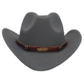 Chapeau de cowboy gris avec ruban tressé marron et ornement plume dorée en métal - M (56-58cm) / Cowboy Gris (Plume Dorée)
