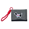 Grey denim wallet with dachshund embroidery and a striking red braided wrist strap - Black