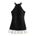 Elegant black halter dress with pearl accents and white layered ruffle hem on white background - XS / Black