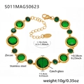 Gold plated stainless steel anklet with emerald green Czech glass and sparkling zircon stones - S011-Round Style / Round-Gold Green Zircon (S011)