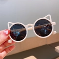 Kids cute white cat ear sunglasses with black round lenses and cartoon paw decor - Beige