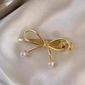 Elegant golden bow hair claw clip with delicate hanging white pearls for women - Gold Bowknot Pearl