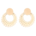 Handmade bohemian rattan drop earrings with round wooden studs and natural straw weave - Beige Round Wood Stud Rattan Style (1966)