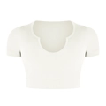 Seamless ribbed knit cropped yoga top with U-neck notch in cream white color - S / Tops / Cream