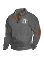 Men's dark grey cable knit sweater with buttoned high collar and brown elbow patches - S / Tops / Gray (Statue of Liberty Pattern)