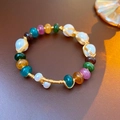 Wrapped Baroque pearl bracelet featuring multi-color gemstones and gold wire accents - 3# Cuff - Multi-Color Freshwater Pearl