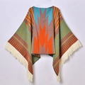 Ethnic knit poncho with vibrant orange and blue patterns and decorative beige tassels - 130x150cm / Pullover Tassel Shawl Orange