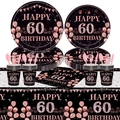 60th Birthday party tableware set in black and rose gold with plates and tablecloth - Sixtieth Birthday - Napkins