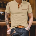 Khaki Henley Polo shirt with orange contrast stitching and chest pocket detail - Khaki