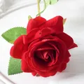 Single velvet artificial red rose with green leaves on white wood background - 7cm / Elsa Rose-Red