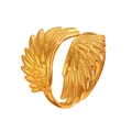 Macro detail of golden wing ring showing intricate feather textures and open band design - Angel Wings (7986) / 18k Real Gold