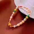 Chic multi-color pearl bracelet with gold beads and square zircon pendant detail - 24# Bracelet-Gold-Pink