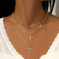 Gold layered curb chain necklace set with sparkling cross pendants for a trendy chic style - Triple Layer Cuban Chain Layered Cross Necklace (5560301)