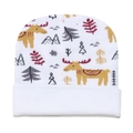 White knitted beanie for babies featuring yellow reindeer and colorful forest patterns - White Elk Forest Pattern (G)