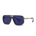 Retro-Pilotenbrille mit tiefblauen Gläsern und goldfarbenen Metallakzenten in 45-Grad-Ansicht - Blauer Rahmen Blaue Gläser
