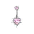 Pink heart zircon belly button ring with silver surgical steel bar on white background - Double Heart Zirconia