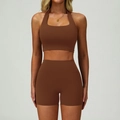 Women's chocolate brown two-piece yoga set with halter square neck and high waist shorts - M / Sand Brown
