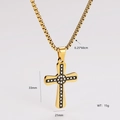 Detail view of gold cross pendant with dimensions 33mm by 21mm and 60cm chain specs - Black Rhinestone Inlaid Cross (Style 6)