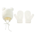 White baby knitted winter set with double faux fur pom poms and matching mittens - Set / White