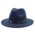 Detail of navy wool fedora hat featuring a leather band with silver metal stars - Navy Blue
