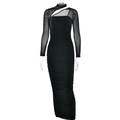 Abito lungo attillato nero in mesh con maniche lunghe, arricciato e dettaglio schiena nuda - S / Nero