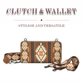 Bohemian canvas clutch wallet with tribal patterns and adjustable crossbody strap - Coffee